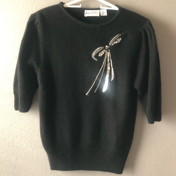 Inspiration Brand Silk & Angora SZ Large Black sequin detailed Black Cap sleeve - Picture 1 of 16